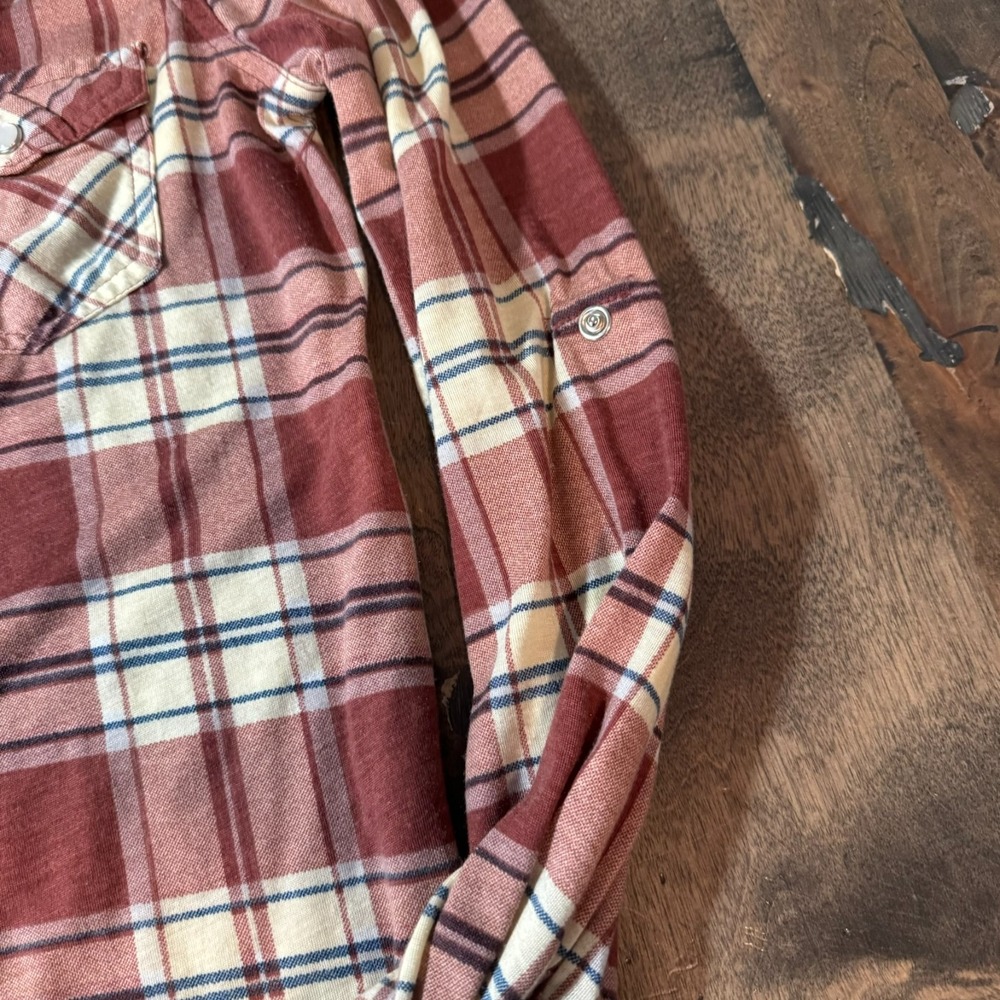Womens Passport Maroon Plaid Pearl Snap Shirt Size S Western Adjustable Sleeves‎ - Picture 4 of 14